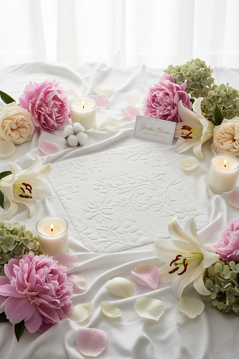 Garden Bloom luxury laundry sheets lifestyle flatlay with peony, rose and lily flowers