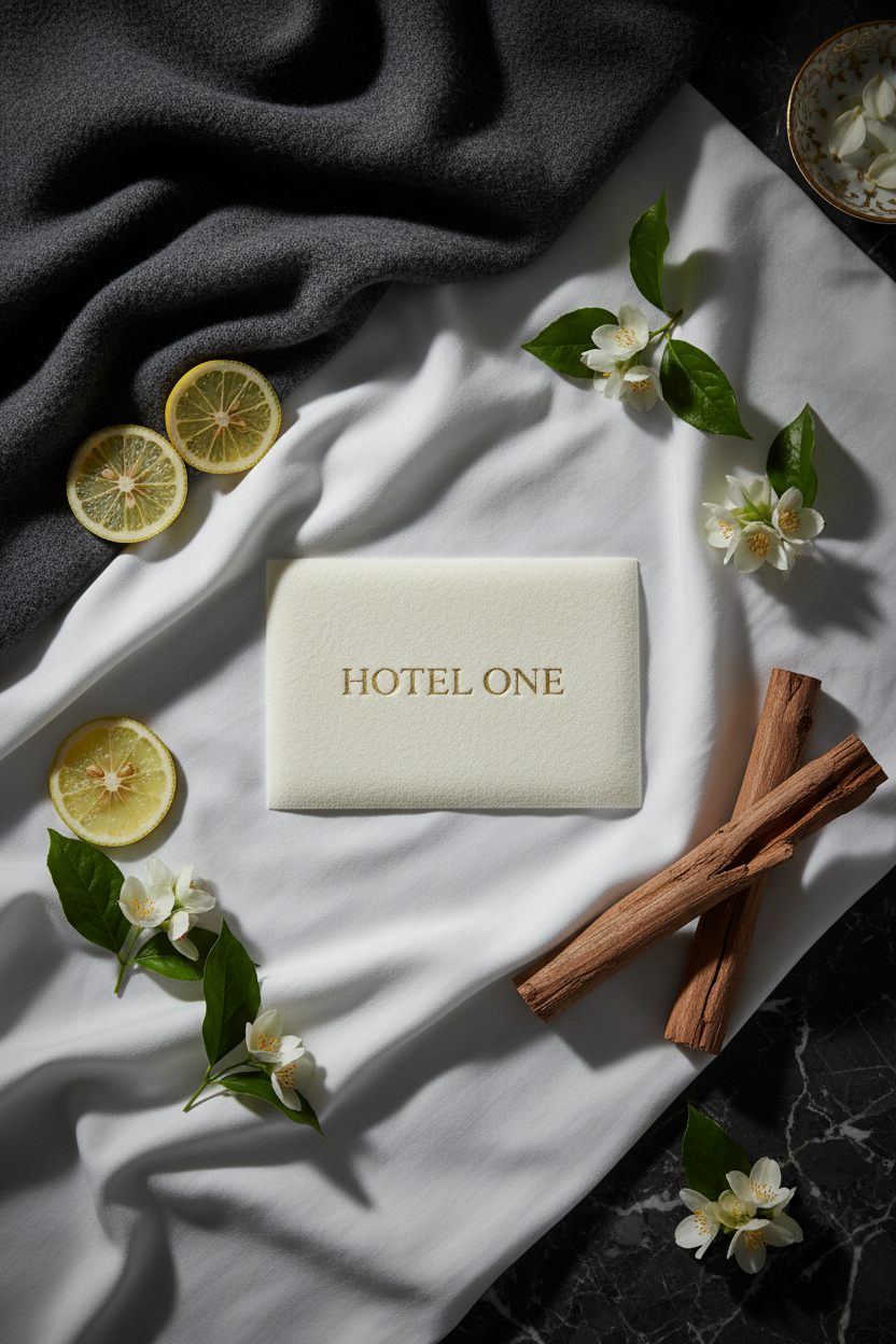 Hotel One luxury laundry sheets lifestyle flatlay with bergamot, jasmine and sandalwood on hotel linens