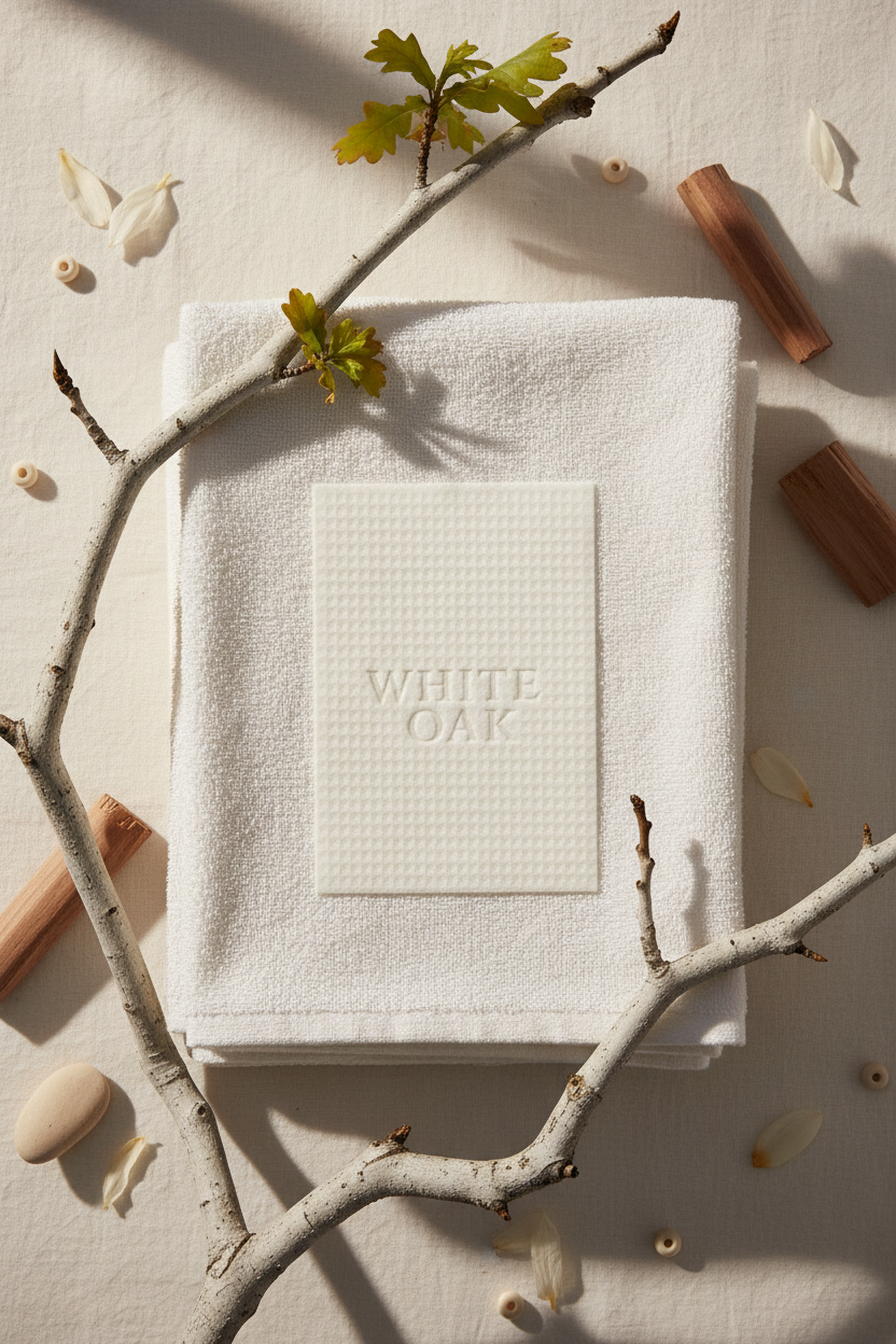 White Oak luxury laundry sheets lifestyle flatlay with white oak branches and fresh linen in morning light