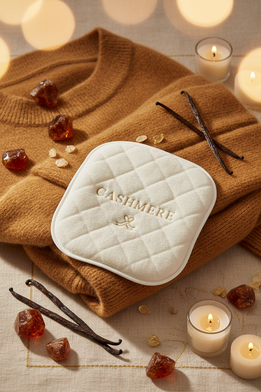 Cashmere luxury laundry sheets lifestyle flatlay with cashmere fabric, vanilla pods and amber crystals