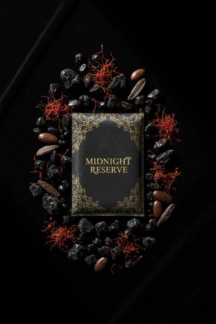 Midnight Reserve luxury laundry sheets lifestyle flatlay on black velvet with saffron and dark amber